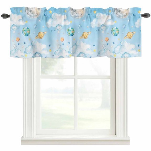 Blue Sky Valances for Windows Farmhouse Kitchen Curtains Valances Rod Pocket Valance Curtains for Kitchen Windows Cartoon Cute Planets Universe Star Cloud Window Valances for Bathroom Bedroom 42"x12"