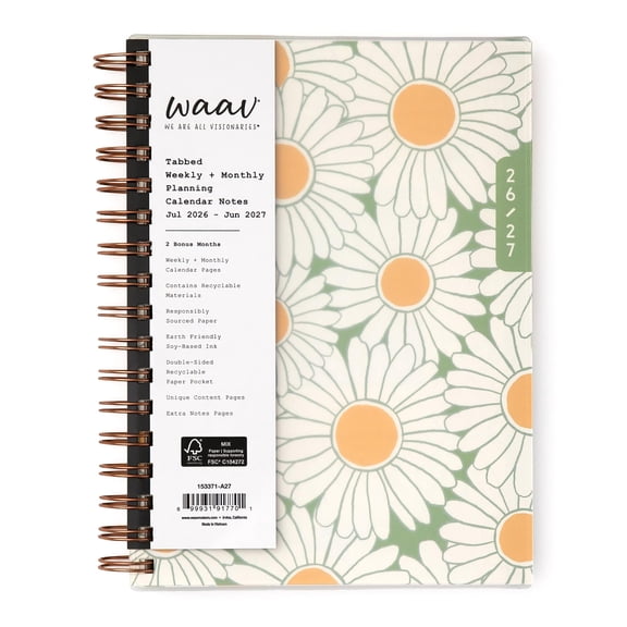 Blue Sky WAAV 2026-2027 Weekly and Monthly Academic Year Planner Calendar, July 2026 - June 2027, 7" x 9", Flexible Cover, Laminated Tabs, Storage Pocket, Includes 20 Extra Notes Pages, Michelle