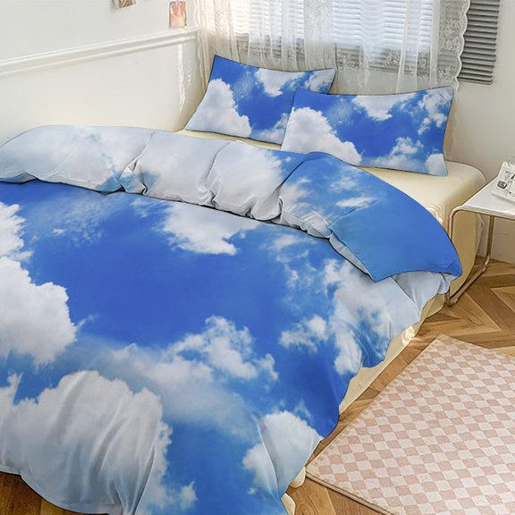 Blue Sky White Cloud Scenery Natural Duvet Cover Set Themed Multicolor Polyester Bedding Set for Bedroom Decoration