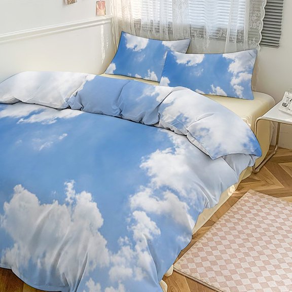 Blue Sky White Cloud Scenery Natural Duvet Cover Set Themed Multicolor Polyester Bedding Set for Bedroom Decoration