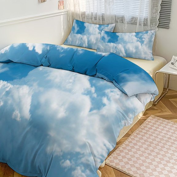 Blue Sky White Cloud Scenery Natural Duvet Cover Set Themed Multicolor Polyester Bedding Set for Bedroom Decoration