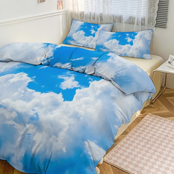 Blue Sky White Cloud Scenery Natural Duvet Cover Set Themed Multicolor Polyester Bedding Set for Bedroom Decoration