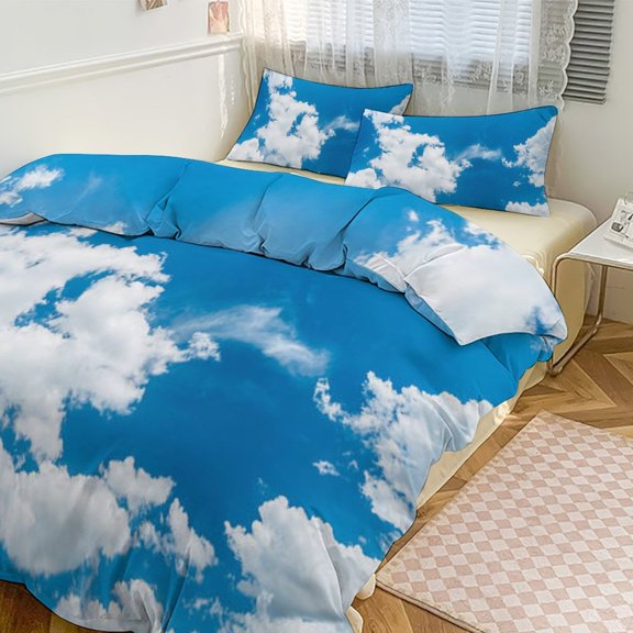 Blue Sky White Cloud Scenery Natural Duvet Cover Set Themed Multicolor Polyester Bedding Set for Bedroom Decoration