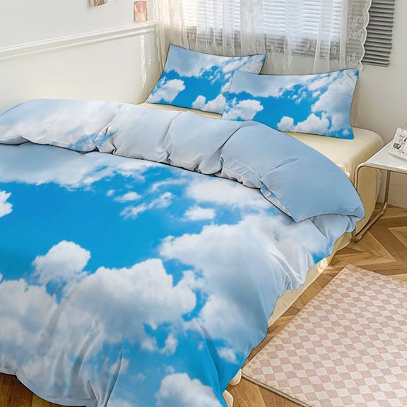 Blue Sky White Cloud Scenery Natural Duvet Cover Set Themed Multicolor Polyester Bedding Set for Bedroom Decoration