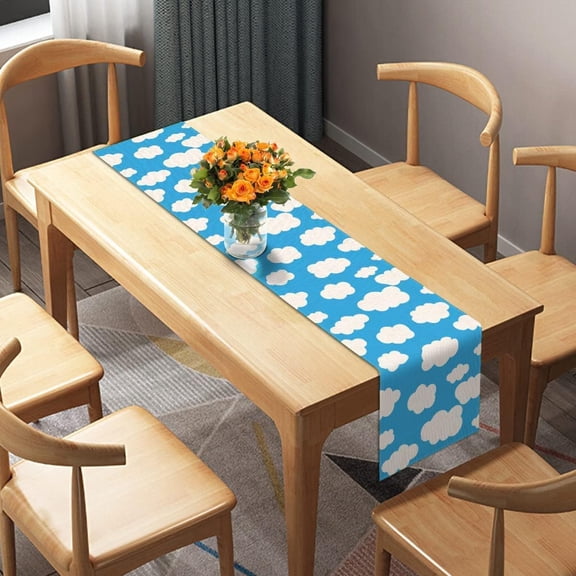 Blue Sky White Cloud Table Runner Cartoon Story Themed Birthday Party Decoration Home Kitchen Dining Room Decor 90Inches Long