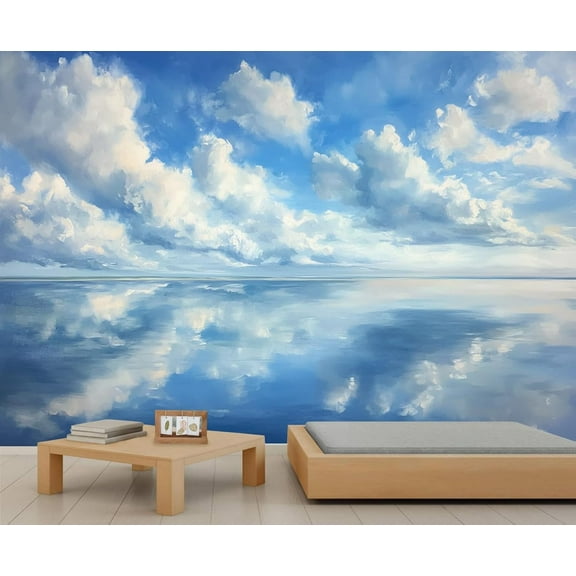 Blue Sky White Cloud Wall Mural - Ocean Scenery Murals, Nature Large Wall Murals For Living Room, Sea Water Mural 118"W x 83"H (Not Peel and Stick)