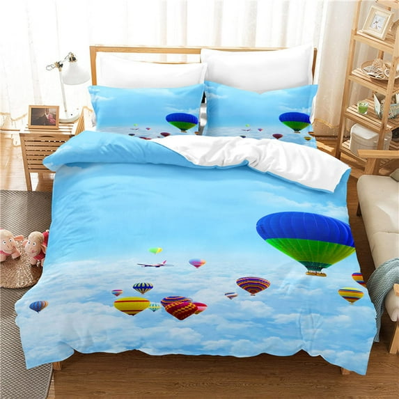 Blue Sky White Cloudhot-air Balloon Duvet Cover for Children Boys for Room Warm ration Bedding Set 3pcs with Zipper