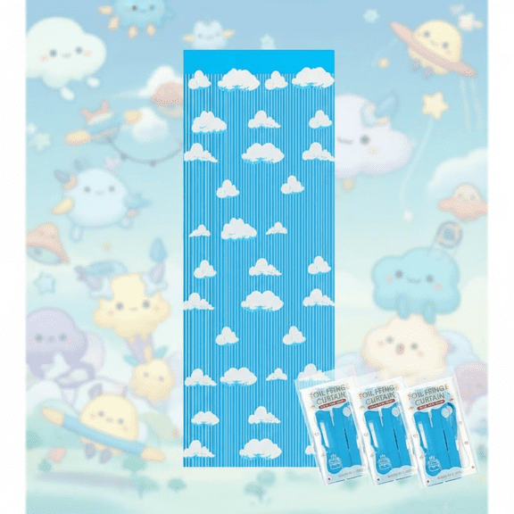 Blue Sky White Clouds Birthday Party Decorations, 3-Pack Tinsel Fringe Curtains and Cartoon Backdrop for Baby Showers, Themed Parties, and Celebrations