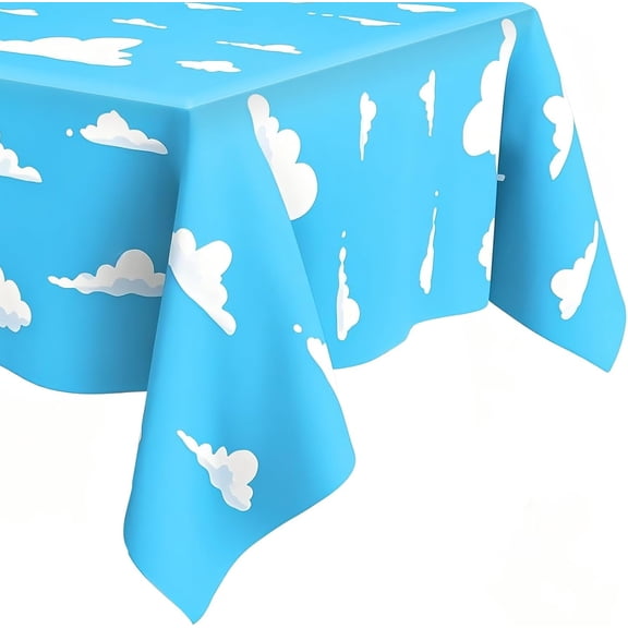 Blue Sky White Clouds Birthday Party Supplies, Cartoon Story Birthday Blue Sky Tablecloth, Table Cover for Boy's and Girls Toy Party Supplies (54 x 108 Inch)