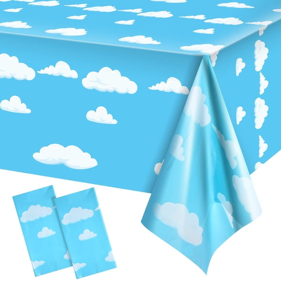 Blue Sky White Clouds Birthday Party Tablecloth, 2 Pieces Party Table Cover, 54 x 108 Inch Table Banner for Birthday Decorations Party Supplies