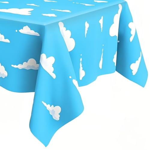 Blue Sky White Clouds Cartoon Birthday Party Tablecloth, 54x108 Inch Story Theme Table Cover for Kids Boys Girls Toys Party Decorations