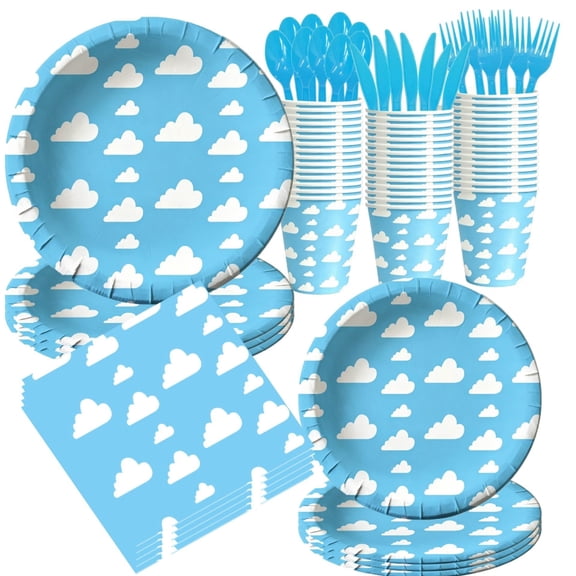 Blue Sky White Clouds Disposable Party Tableware Set, Paper Plates Cups Napkins Plastic Forks Knives Spoons, Toys Inspired Story Themed Party Supplies for Birthday