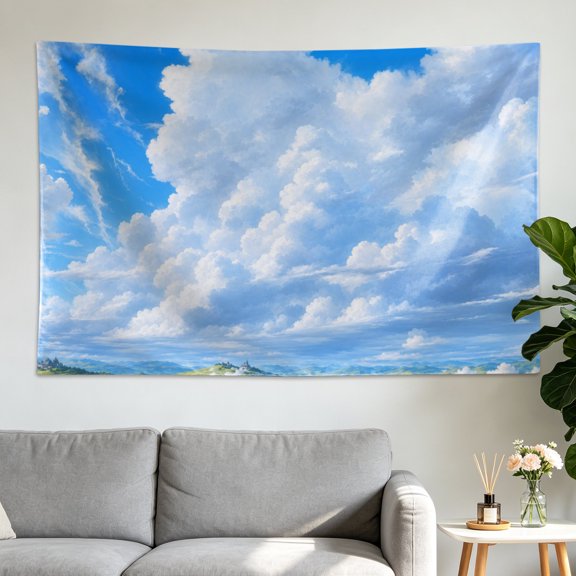 Blue Sky White Clouds Summer Scenery Wall tapestry,Large size Printed Horizontal Tapestry blanket,Polyester Fabric Wall Hanging for bedroom,living room,Gift for Family and Friends
