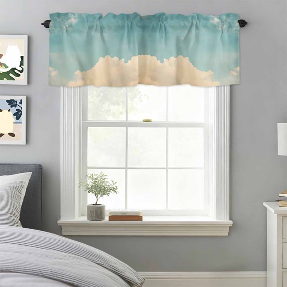 Blue Sky Window Valance for Kitchen, Summer Gradient Blurry Vintage Clouds Scenery Rod Pocket Short Curtain for Small Windows, Light Filtering Decorative Valance, 42 x 18 Inch, 1 Panel