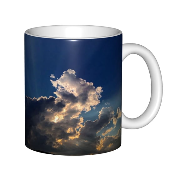 Blue Sky and Clouds Ceramic Coffee Mug, 11oz All White Tea Cup with Dramatic Sunlit Cloud Print, Nature Landscape Gift for Office and Home