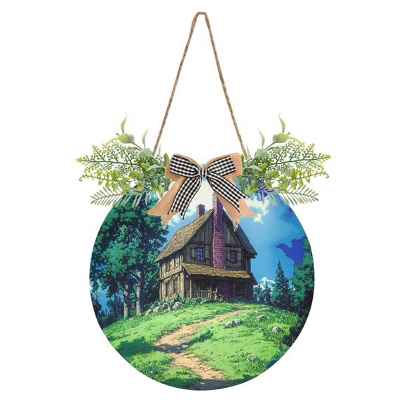 Blue Sky and Grass Front Door Porch Decoration Hanging Sign with Artificial Green Plants and Bow for Home Outdoor Indoor