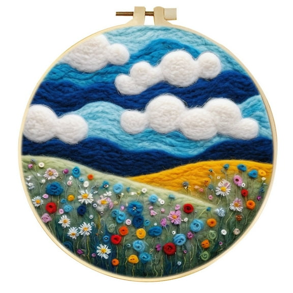 Blue Sky and Sea of ​​flowers Needle Felting Set Beginner Felt Painting Set with Decorative Frame Suitable for Home Decoration Christmas Gift