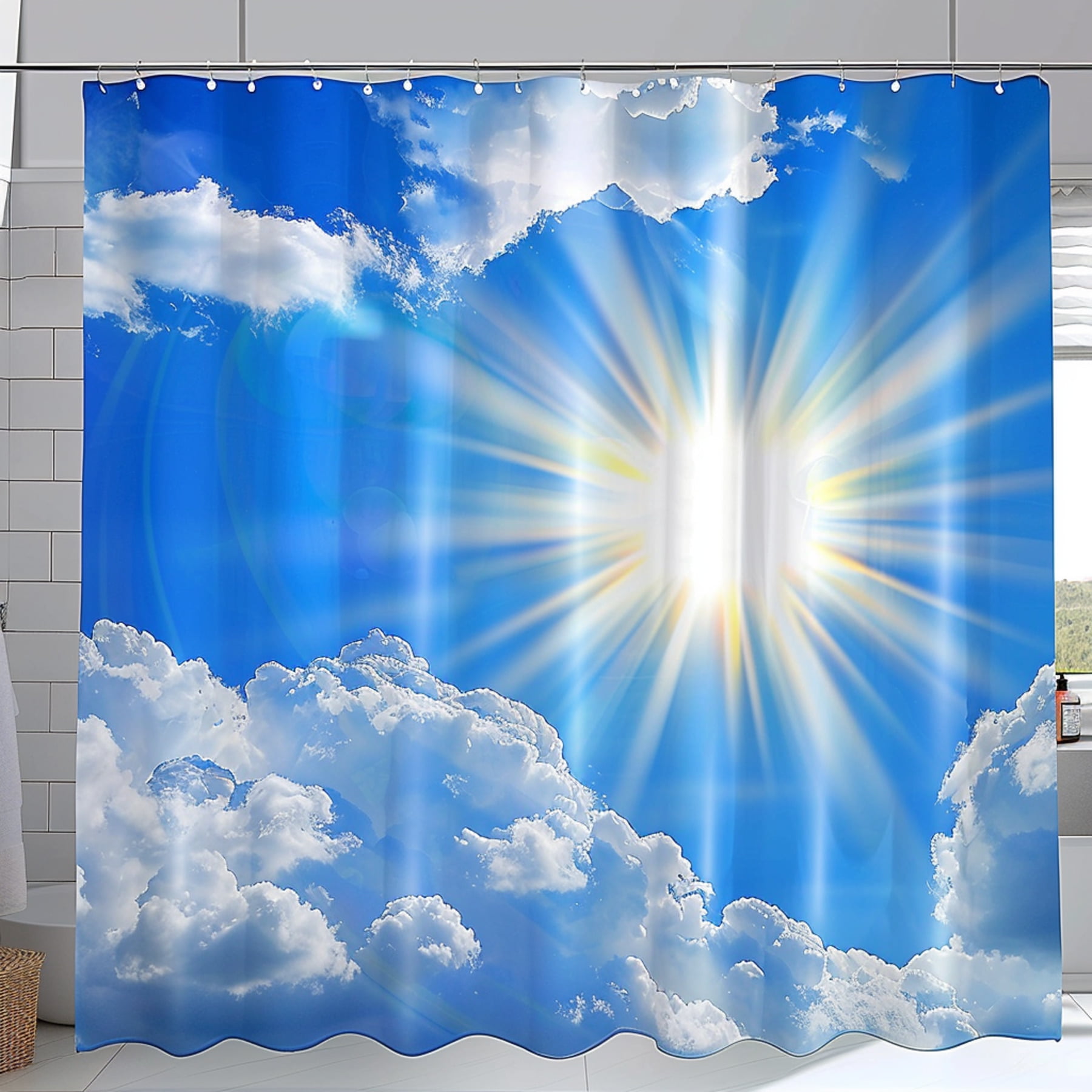 Blue Sky and Sun Shower Curtain Hyper Realistic Bathroom Decor White