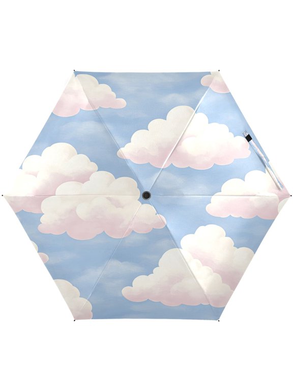 Blue Sky and White Clouds Umbrellas for Sun Auto Open Close UV50+ Waterproof 5-Fold Compact Fiberglass Frame