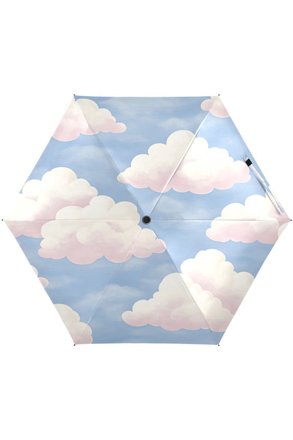 Blue Sky and White Clouds Umbrellas for Sun Auto Open Close UV50+ Waterproof 5-Fold Compact Fiberglass Frame