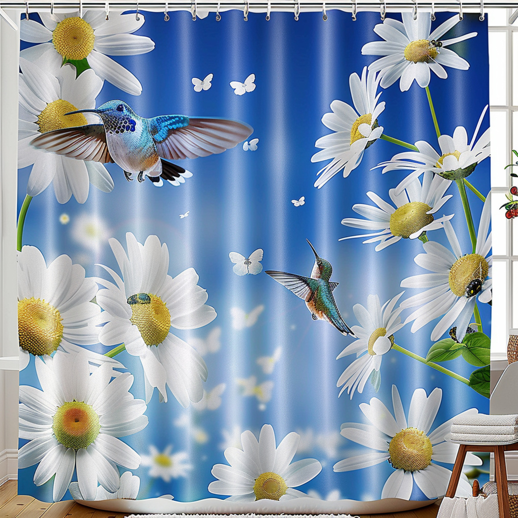 Blue Sky and White Daisies Shower Curtain with Hummingbirds Bathroom