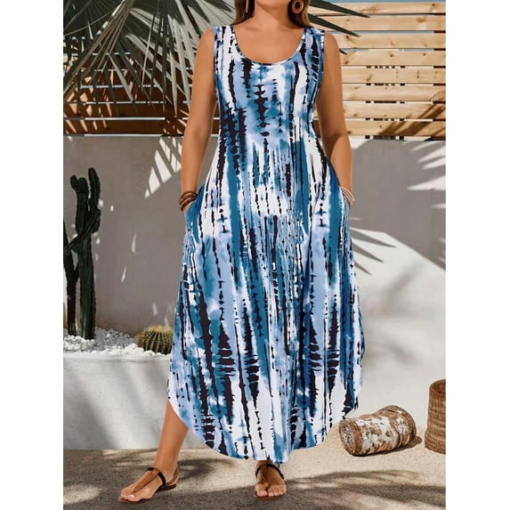 Blue Sleeveless Round Neck Abstract Tie-Dye Print Maxi Dress For Women