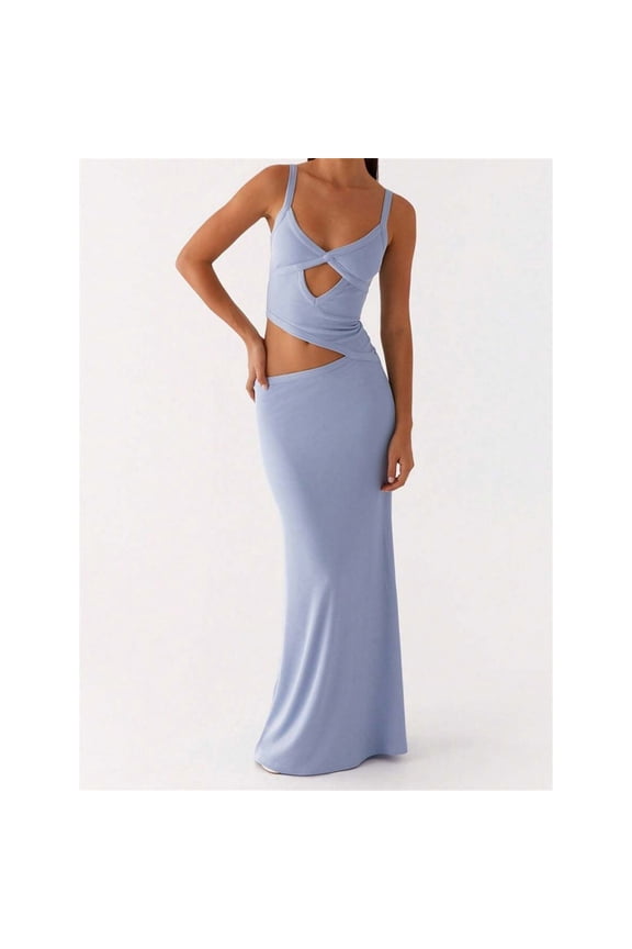 Blue Sleeveless V-Neck Cut-Out Bodycon Slip Maxi Dress Backless Party Cocktail Long Gown