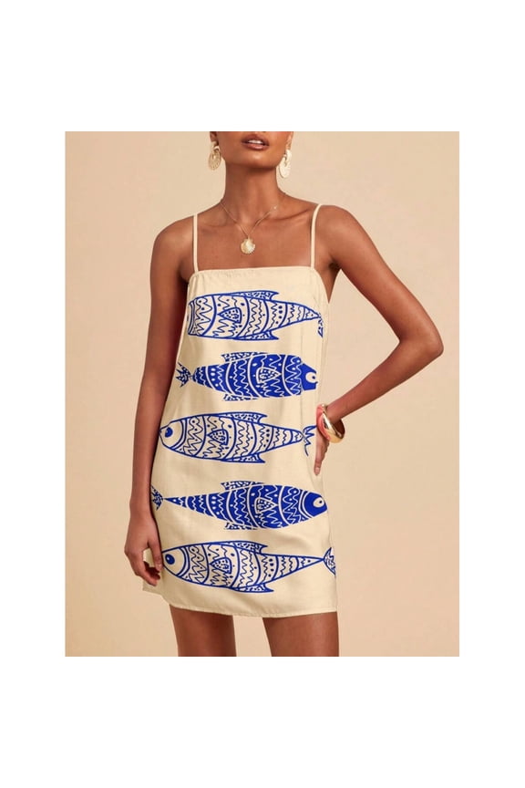 Blue Sleeveless Woven Mini Dress With Tribal Fish Print, Boho Beach Sundress For Women
