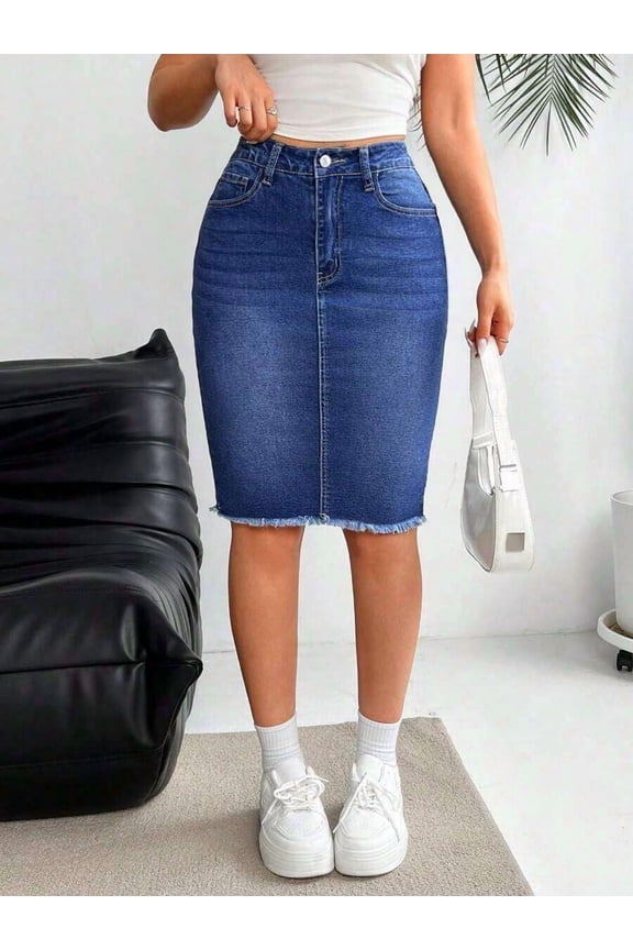 Blue Slim Fit Denim Skirt With Button Closure, Belt Loops, Pockets And Raw Edge Hem