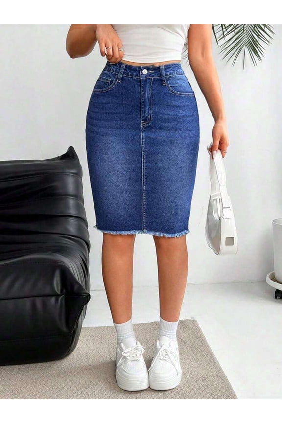 Blue Slim Fit Denim Skirt With Button Closure, Belt Loops, Pockets And Raw Edge Hem