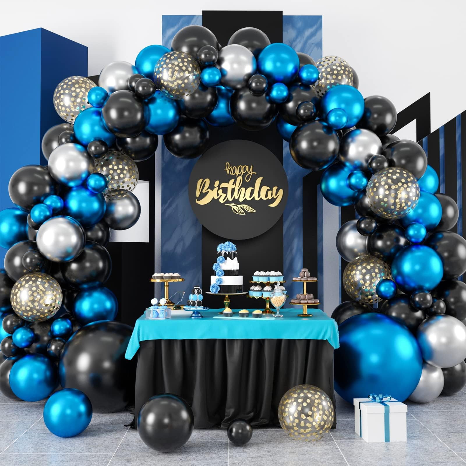 Blue Sliver Black OIF8 Balloon Garland Arch Kit, Blue Black Balloons