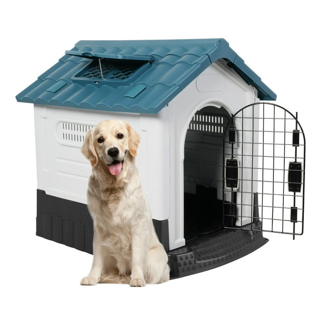 Blue Sloped Roof Dog House for Small to Medium Dogs, 39" Height Plastic