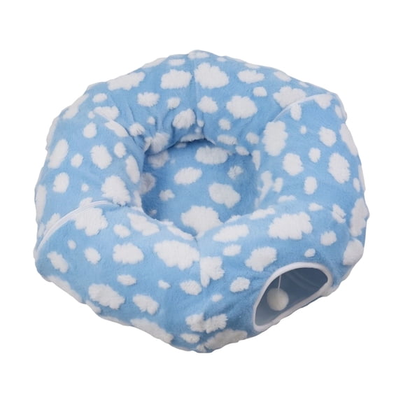 Blue Small Cloud Pattern 2-in-1 Cat Tunnel Bed Detachable Round Plush Bed with Play Tunnel
