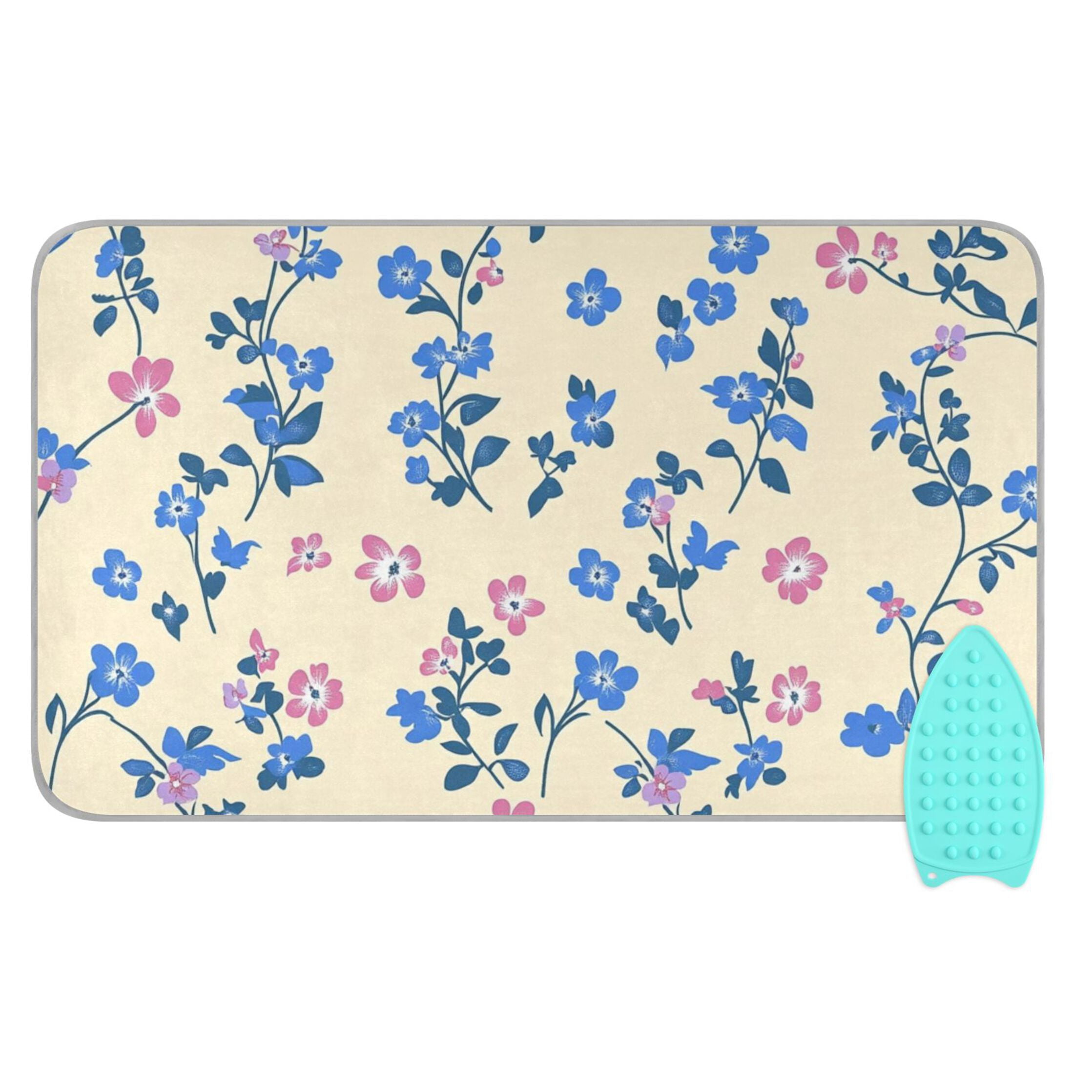 Blue Small Floral Ironing Mat Blanket for Table Top Travel Portable Ironing Board Pad 47.2x27.6 Inch