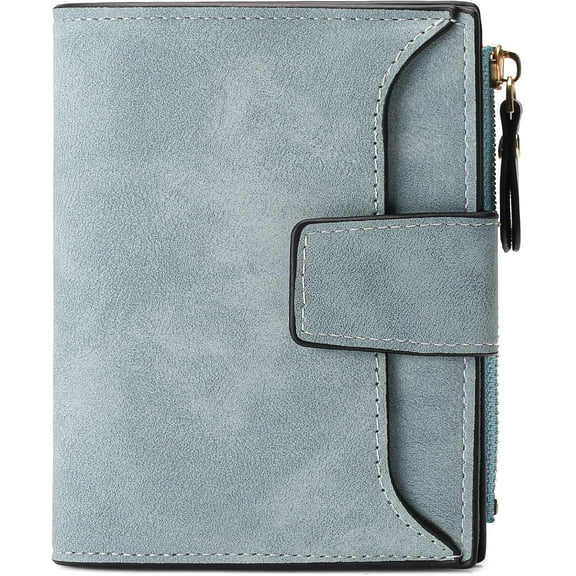EHIW Small Wallet for Women, Bifold Compact Breathable Soft Leather Wallet with Card Holder, Zipper Coin Pocket and ID Window, Blue