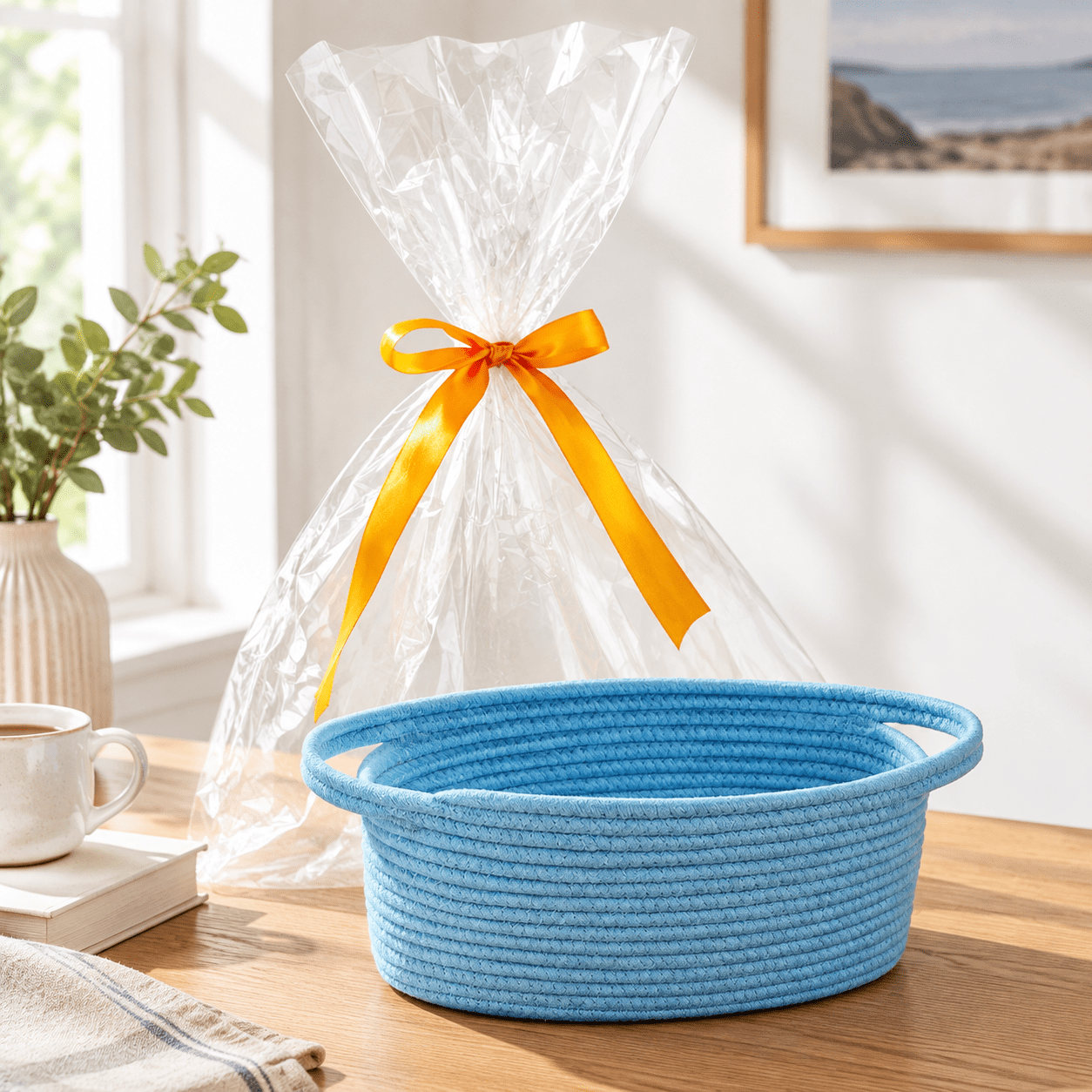 Blue Small Woven Cotton Rope Storage Basket with Gift Bag and Ribbon ...