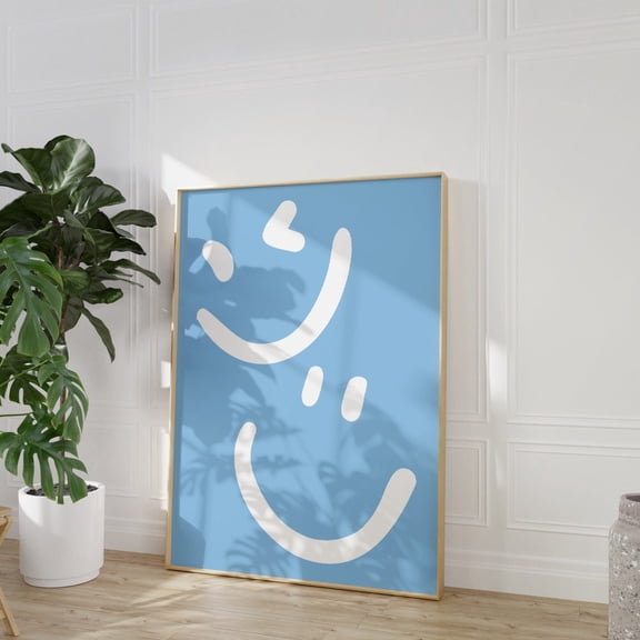 Blue Smile Happy Face Wall Art Preppy Childrens Room Decor Indie Teen Room Decoration, Unframed Paper Poster 24x36in