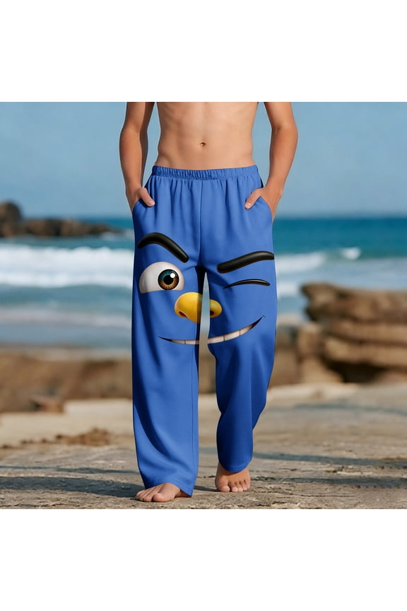 Blue Smiley Face Beach Pants for Boys Kids Graphic Print Sweatpants Soft Elastic Waist Joggers,Size 12 T