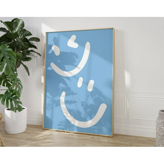 Blue Smiley Face Poster, Light Blue Preppy Fun Smileys Wall Art, Preppy Pink College Decor, Indie Room Decor, Room Decor For Teens Wall Art, Modern Wall Decor, 8x12 UNFRAMED