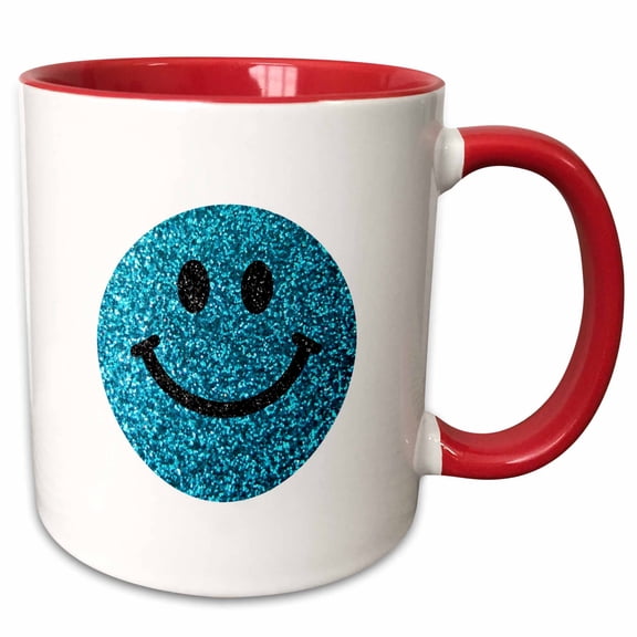 3drose, Blue Smiling Face Glitter Texture Graphic - Not Actually Sparkly or Glittery - Happy Cartoon on Whit, 11oz Two-tone Red Mug
