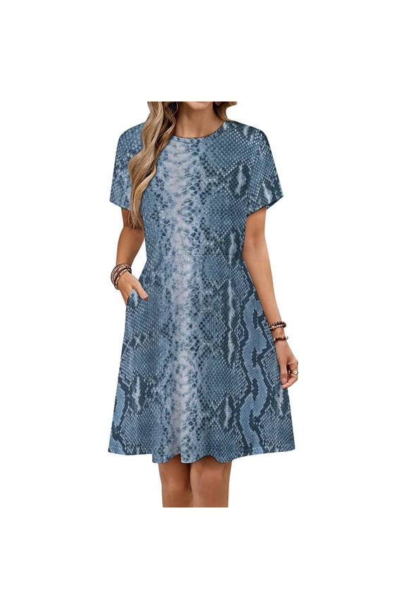 Blue Snake Pattern Dress Summer Street Style Dresses Female Short Sleeve Printed Sundress