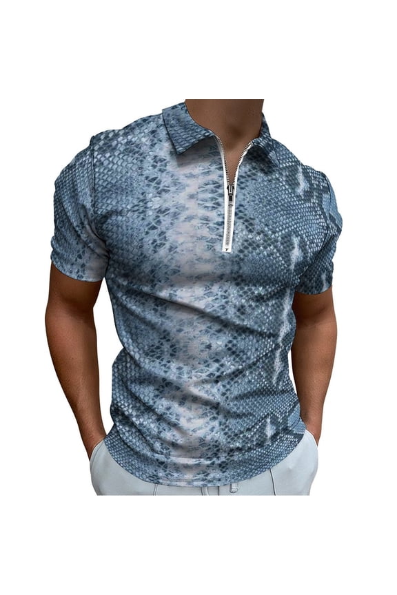 Blue Snake Pattern Men Zipper T-shirt Summer Casual Short Sleeve T-shirt Top