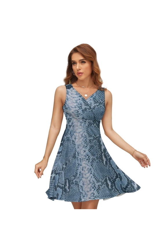 Blue Snake Pattern Women's Tank Dress V Neck Sleeveless Summer Sundress