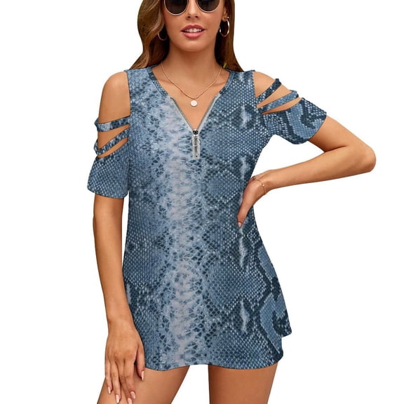 Blue Snake Pattern Womens Summer V Neck Zipper Top Short Sleeve T Shirt Off Shoulder Top Casual Classy Loose Shirts