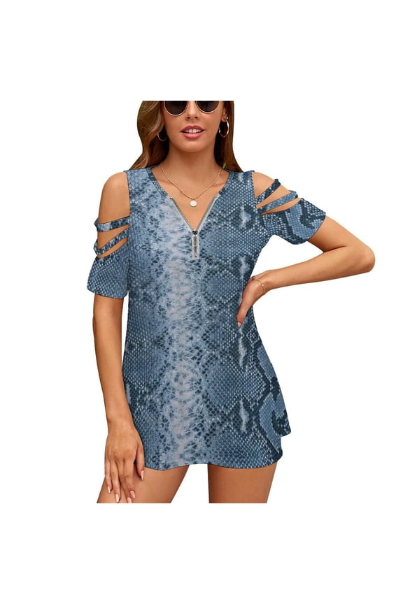 Blue Snake Pattern Womens Summer V Neck Zipper Top Short Sleeve T Shirt Off Shoulder Top Casual Classy Loose Shirts