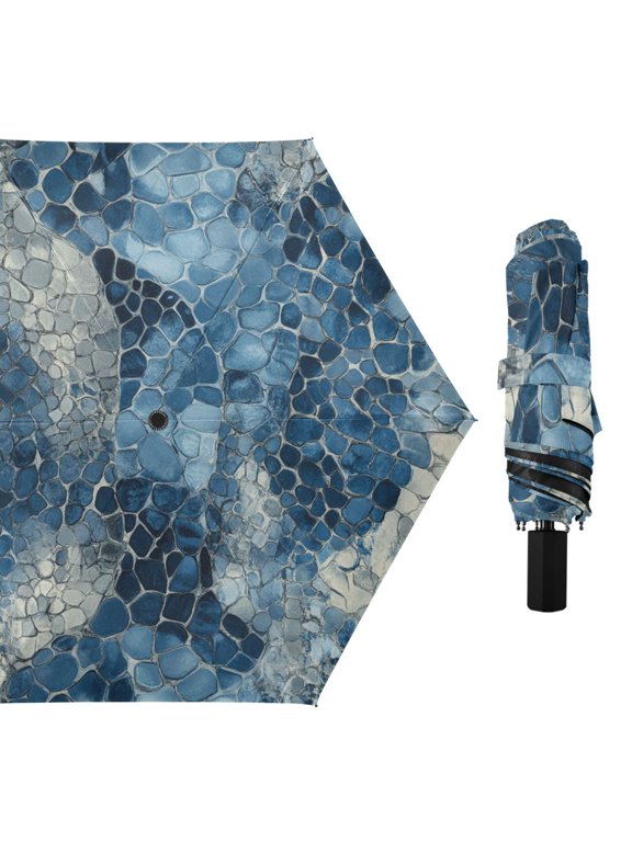 Blue Snake Skin Vintage All Weather Umbrella Triple Folding Parasol 6 Ribs UV Protection Portable