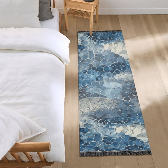 Blue Snake Skin Vintage Bedside Runner Rug 2'x 6' Non Slip Carpet Floor Mat Area Rug