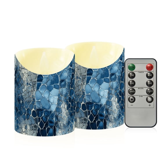 Blue Snake Skin Vintage Flickering Flameless Candles with Remote Timer Battery Operated LED Tealight Set of 2 M