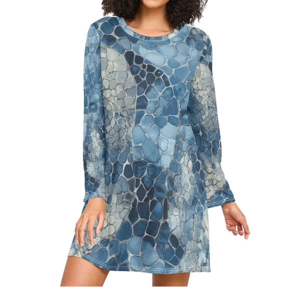 Blue Snake Skin Vintage Women's Long Sleeves Nightgowns Sleepwear Soft Pajama A-line Sleep Dress XL