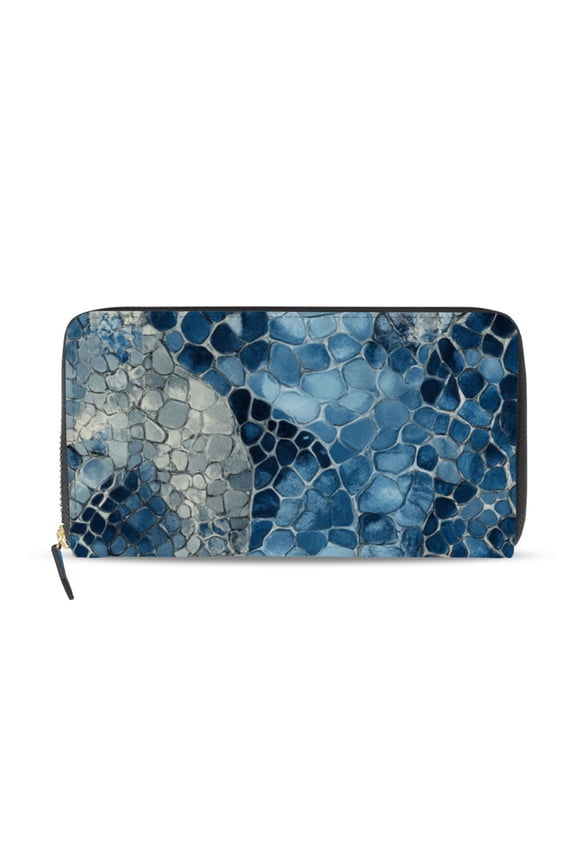 Blue Snake Skin Vintage Women's Long Zipper Wallet Bifold Clutch Purse PU Leather Card Cases